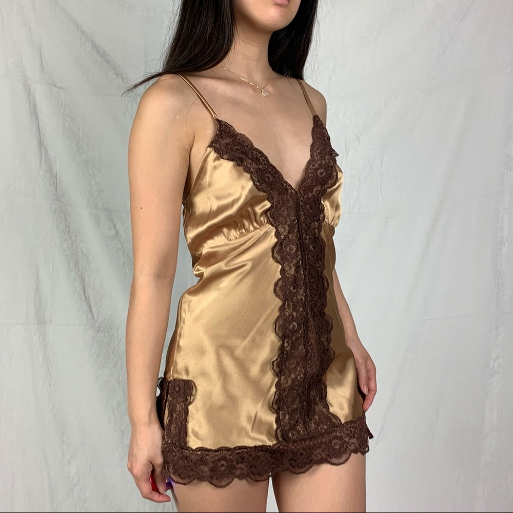 costa blanca small gold brown lace trim slip dress - Picture 2 of 14
